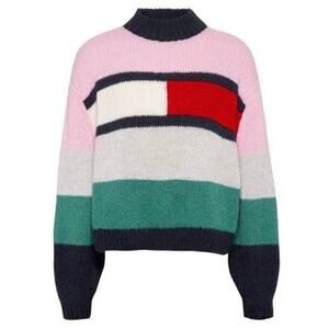 TOMMY HILFIGER Alpaca Wool Blend Port Bell Sleeve Flag Sweater Pink Small Fuzzy